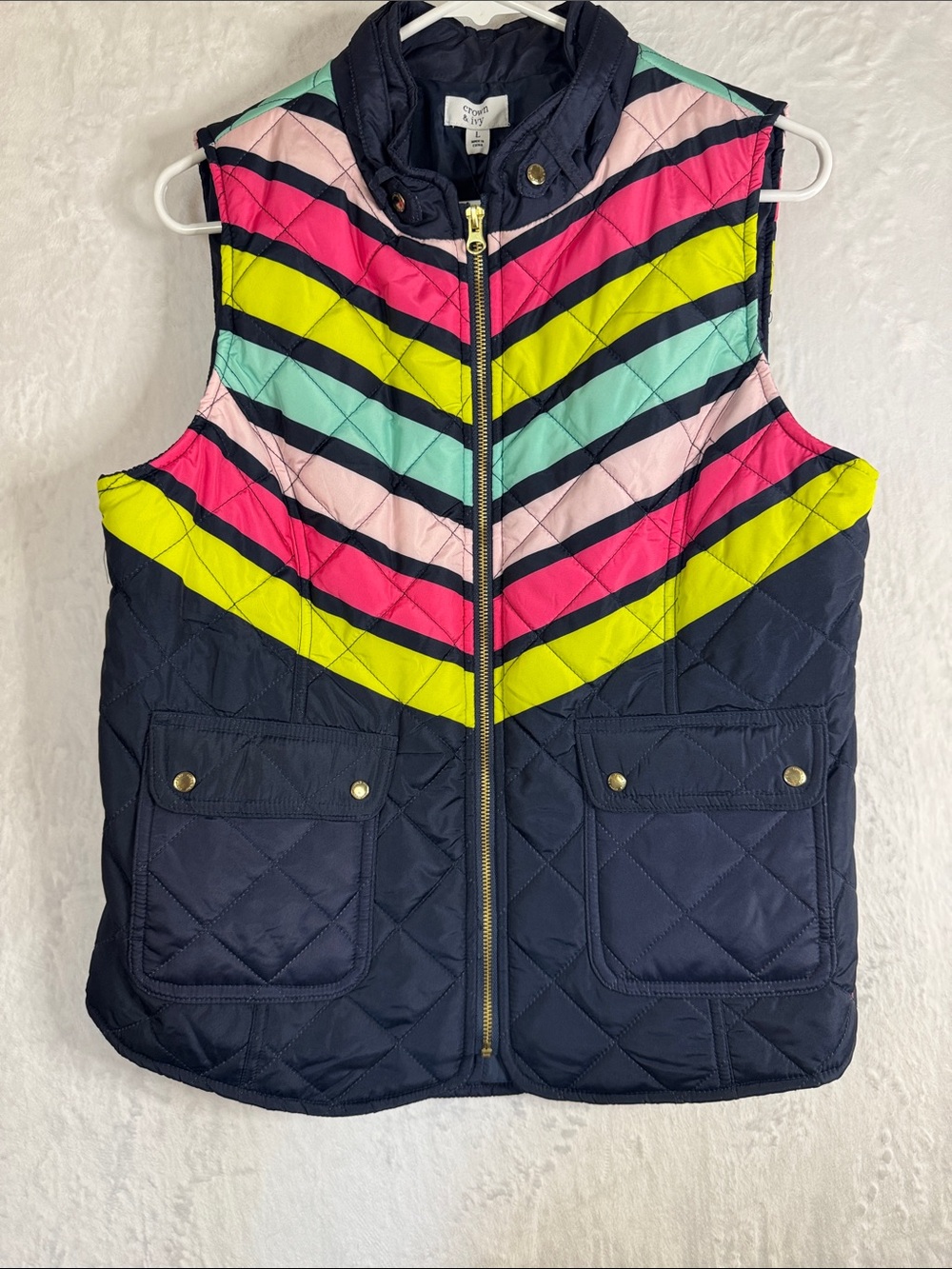 Crown & Ivy Quilted Navy Vest with Bright Chevron Stripes Large